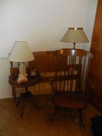 Vintage Rocking Chair, Occasional Table. Lamps