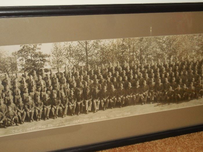 Vintage Yard Long WW2 1942 Photo, Camp Robinson Ark, Co C 108th Med BN. its a double sided Framed Photo