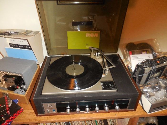 Mid Century RCA Stereo Phonograph with Smoky dust Cover over Phonograph. Original Directions. 
