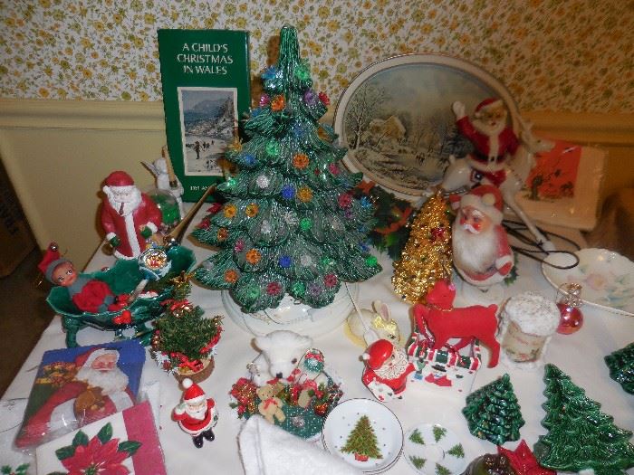 Vintage Ceramic 2 Piece Christmas Tree with lights. Missing Star on top. Various Santa Decor