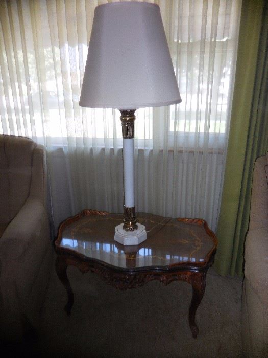 Vintage Hand Carved Mahogany Cocktail Table.Top has Mahogany  Inlay with Glass Top. TALL Mid Century Table Lamp,Linen Shade.
