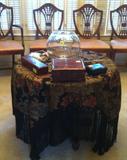 Shield back chairs (6), round table, Linens, interesting boxes