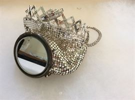 Whiting & Davis silver mesh accordion purse with mirror bottom. 
