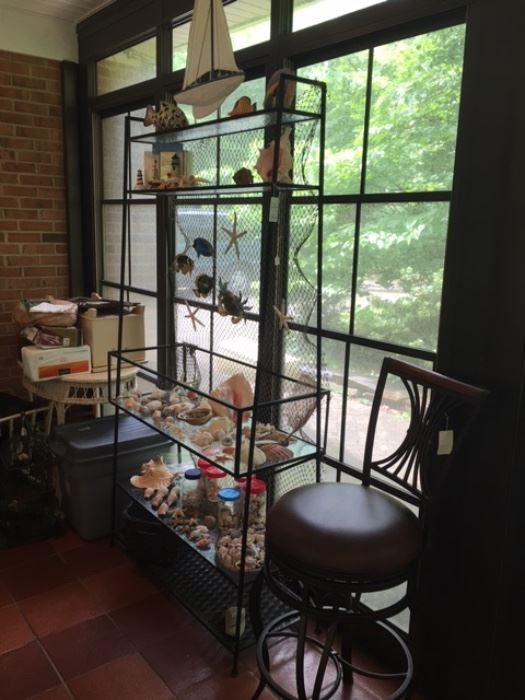 Hand crafted iron etagere, lots of nautical items and shells