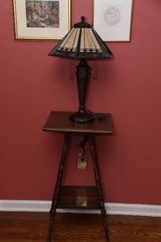 Oak stand and Quoizel lamp with stained glass shade.  Each item sold separately.
