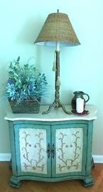 Semi-Vintage Painted Chest, Contemporary Bronzed Lamp with Rattan Shade & More