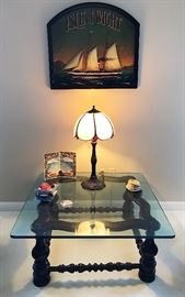 Nautical Sign Painting, Tiffany Style Table Lamp, Glass Top Mahogany Coffee Table & More