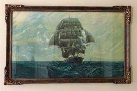 Schooner Nautical Litho with Antiqued Frame