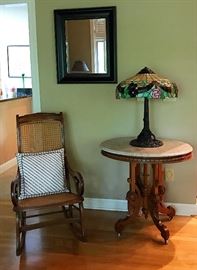 Vintage Caned Rocking Chair, Antique Eastlake Victorian Marble Top Table with Casters, Tiffany Style Lamp & More