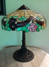 Gorgeous Vintage Tiffany Style Stained Glass Table Lamp with Bronze Tree Root Base
