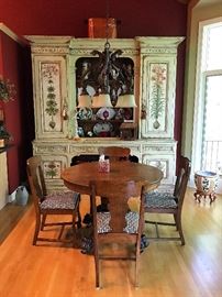 Antique Claw Foot Tiger Oak Pedestal Table with Four Chairs, Vintage Plantation Sussex Cupboard / Hutch by Habersham (Recently Painted by Chris Collins)& More