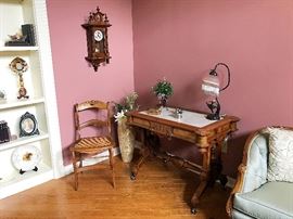Antique Eastlake Victorian Walnut Library Table, Caned Chair, Victorian Wall Clock & more
