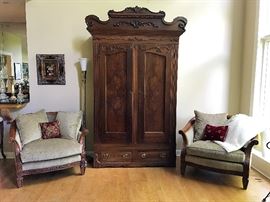 Beautiful Barrel Back French Style Arm Chairs by Brenhardt Furniture, Large Antique Wardrobe 