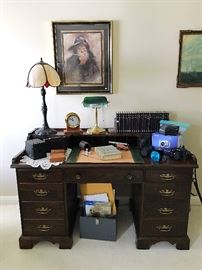 Vintage Kneehole Desk, Vintage Bankers Lamp & More