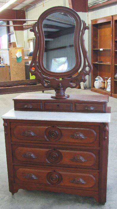 Mid-Victorian Walnut Dresser w/ Marble Top, Glove Boxes & Mirror