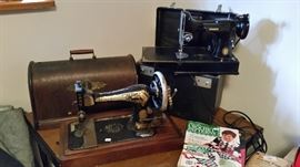 Vintage Hand Crank Singer with Curved wood case 145.00 ~ Featherweight Singer 245.00 ~ Vintage Wood Card table like sewing table 95.00