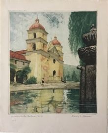 Ludwig Reimer (20th Century); Santa Barbara Mission; Aquatint, signed in pencil