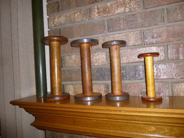ANTIQUE LARGE WOODEN SEWING, TEXTILE SPOOLS 
