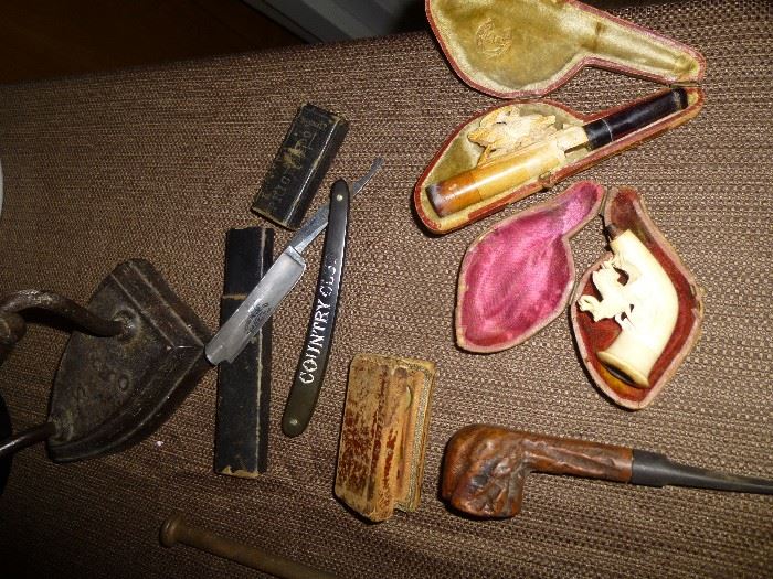 ANTIQUE PIPES, IRON AND STRAIGHT RAZOR