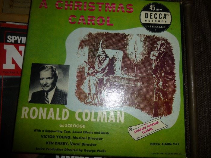 ANTIQUE BOOK WITH RECORDS -SCROOGE BY RONALD COLMAN