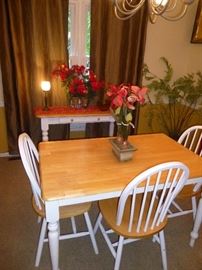 WINDSOR WHITE AND NATURAL 4 PIECE KITCHEN TABLE SET (SOLD) AND A MATCHING CONSOLE TABLE