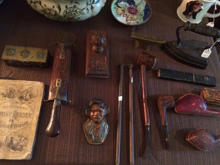 ANTIQUE AND VINTAGE ITEMS INCLUDING, PIPES, BLACK AMERICANA JOHNNY GRIFFIN DESK/WALL CLIP, WOOD & BRASS CASE CONTAINING KNIFE & SCISSORS....