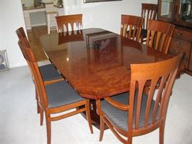 Burled Myrtle Dining Room Set with 8 Chairs, 2 Leafs and Table Pads, Exquisite Condition, Made in Milan Italy, Purchased from Hillside Furniture