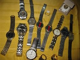 assortment of mens watches; Gucci, Timex, Omega, 