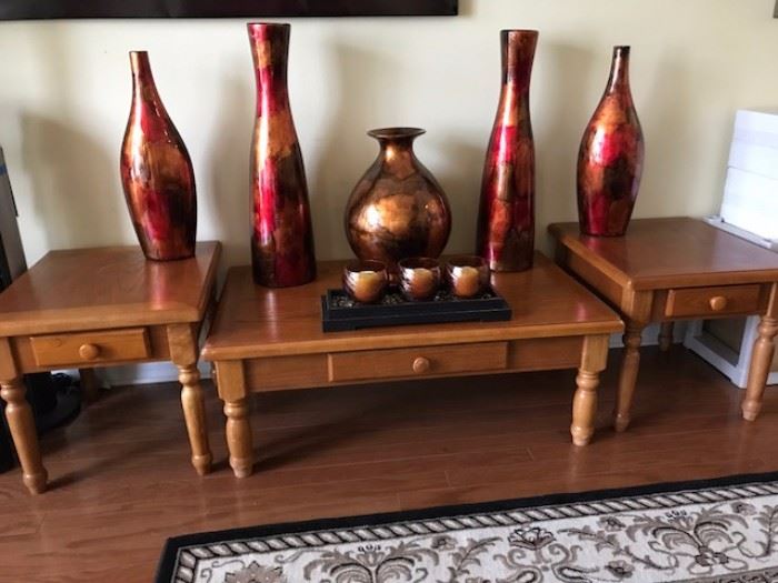 Coffee table with two matching lamp tables.  Shown with large ceramic decor jars
