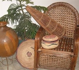 African fish trap, handmade baskets, rattan chair