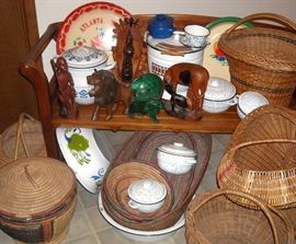 African made enamel pots, African hand carved wooden figures, African mined malachite figurines, African handmade coiled and woven baskets