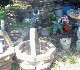Planters, old milk cans, donkey and cart, many other outdoor figurines and accessories