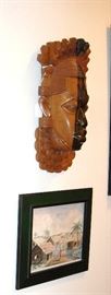 Large carved ebony face mask of Queen mother,Nigeria.  Water color - Nigerian artist