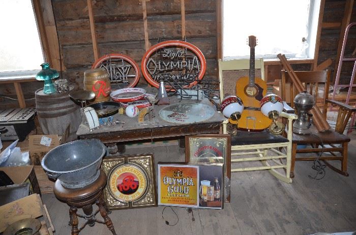 wiskey barrels, piano stools , beer signs, chairs, tools, 