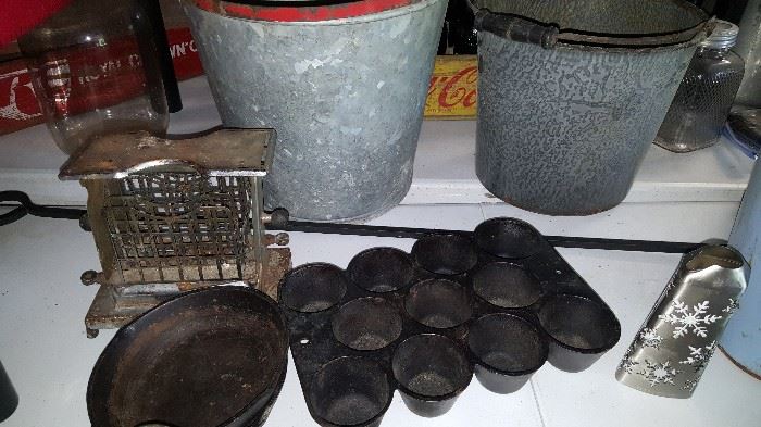 Sap buckets, muffin tin and antique toaster