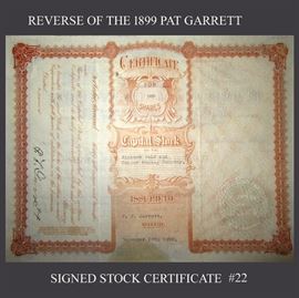 1899 Signed Pat Garrett Stock Certificate Reverse Side 