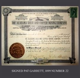1899 Signed Pat Garrett Alabama Gold and Copper Mining Company Stock Certificate, Number 22 in Very Good Condition  
