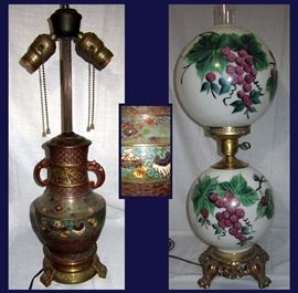 Antique Cloisonne Lamp and Tall Lamp with Grapes and Leaves 