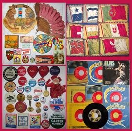 Antique Ephemeral Pieces, (There are Hundreds of Pcs of Antique Ephemera) Political Buttons and Elvis and The Beatles 45s  