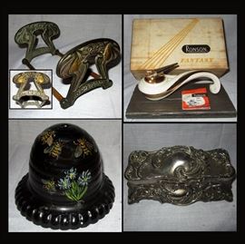 Art Nouveau Attached Bookends, Ronson Lighter in Original Box, Metal Beehive String Holder and Ornate Box 