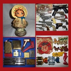 Cast Iron Door Stop, Sample of the Toy Guns Available, Cigar Case, Compacts, Meerschaum Pipe and Miniature Toys  
