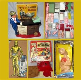 Drinkers Savings Bank with Box, Lots of Tiny Baby Dolls and Doll House Furniture, more than shown, Star Wars Manten Cork, Toy Ice Cream Maker and Talking ET  