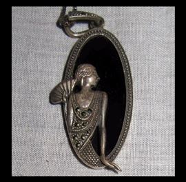 Gorgeous Sterling Silver and Marcasite Art Nouveau Flapper Pendant on Sterling Silver Chain    