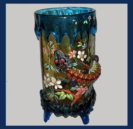 Fantastic Harrach Bohemian Glass Vase with Serpent and Hand Painting; there is a small chip on one foot which doesn't deter from it's beauty 