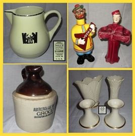 Halls Silhouette Pitcher, Kooky Decanters, Abercrombe Grocery Crock and Lenox 