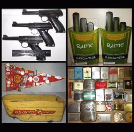 International Exihibits Inc. Guns, Large Metal Game Cigar Signs, Russian Pins, Buddly L Trailer and Collection of Vintage Lighters  