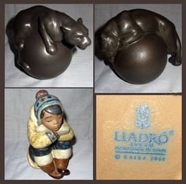 Lladro Panthers on Balls and Lladro Inuit Child   