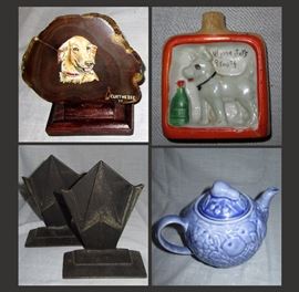 Memorial Pet Plaque, Small Puppy Flask, Cast Iron Bookends and English Teapot 