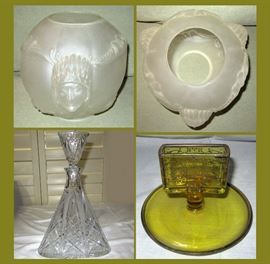 Native American 3 Headed Glass Shade, Consolidated, Cut Glass Decanter with Shot Glass Stopper and Chartreuse Glass  