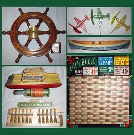 Nanco Ship Wheel, Metal Planes, Wooden Canoe, Wooden Ship, Card of Vintage Plastic Cigarette Holders, Lulu-Belle 5 cent Punch Board, one of many 